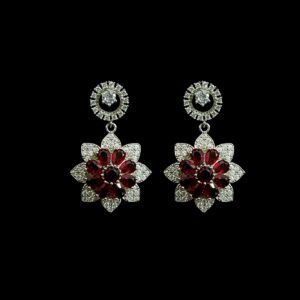 Red Pearls Flower Earrings - Silver